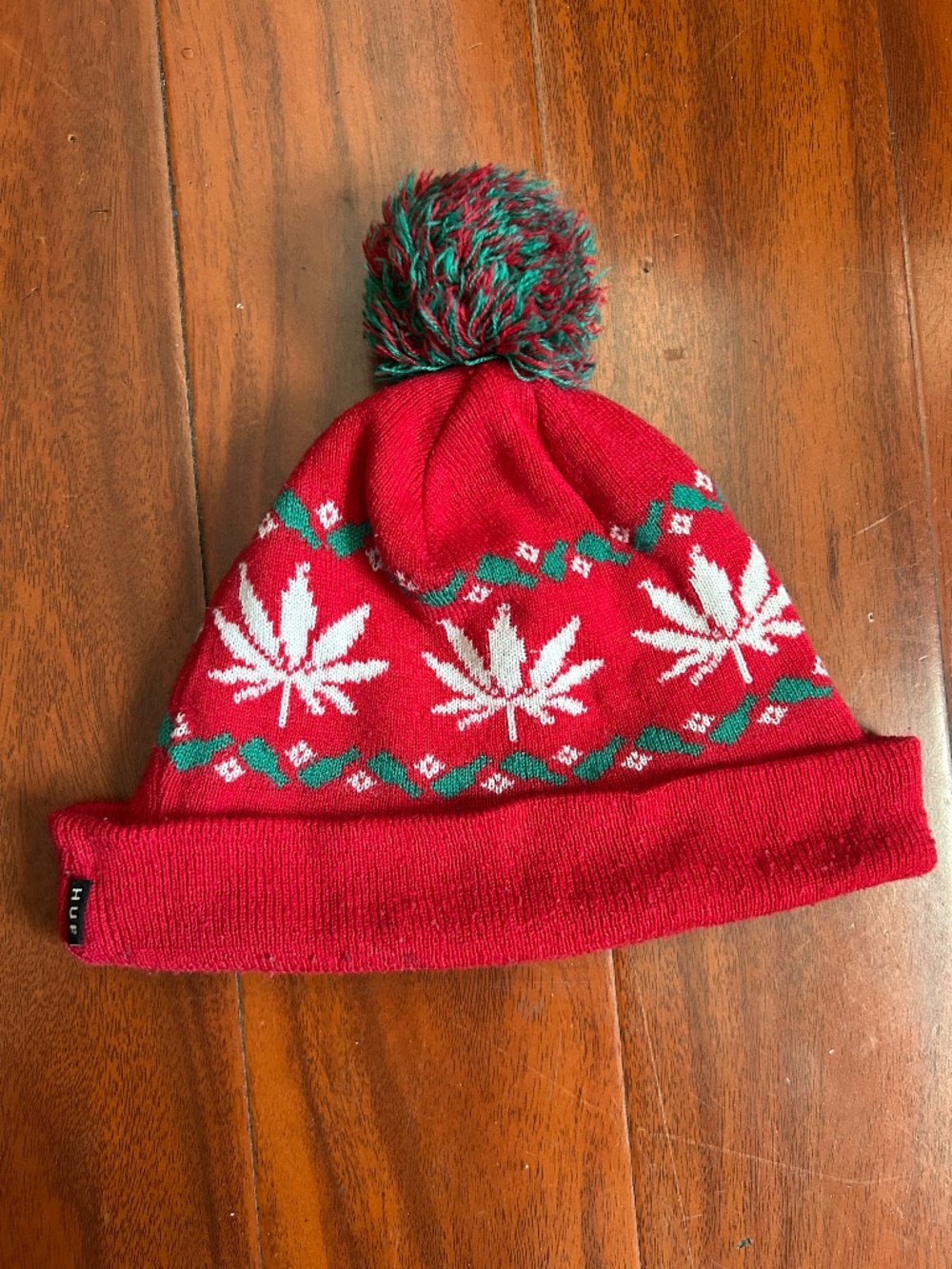 HUF Plantlife Nordic Leaves Festive Pom Pom Beanie Red